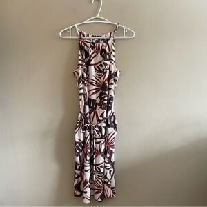 Farwest White Black Orange Tropical Halter Midi Dress w Pockets – Size Med EUC